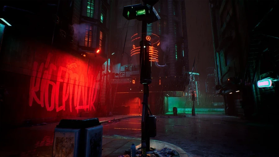 Rain-soaked night alley with reflective pavement
